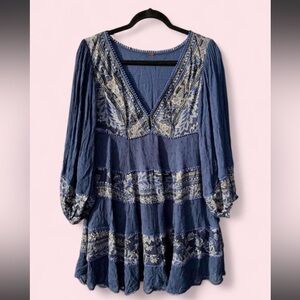 Free People My Love Mini Navy Blue Indigo Floral Boho Dress